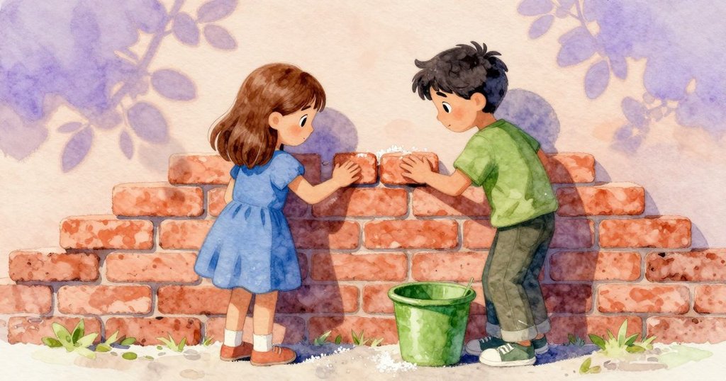 克拉拉用手觸摸溫暖的磚面，皮爾斯輕觸較涼的部分，旁邊綠桶訴說著時光痕跡，呈現故事中的歷史感