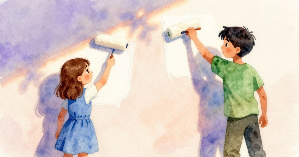 克拉拉將畫筆浸入涼爽油彩中，皮爾斯用滾筒平滑上色，麻雀在散落油彩中跳躍，層次豐富，充滿動感