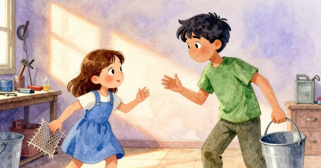 克拉拉在供應室內仔細拾起圍網碎布，皮爾斯穩定手中綠桶，室內工具陳列出時光流轉與新鮮氣息