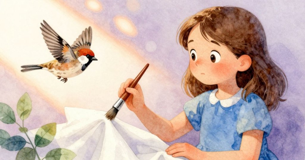 克拉拉手持油彩筆停頓，麻雀振翅輕掠她的袖邊，捕捉那轉瞬即逝的溫柔和緊張情緒