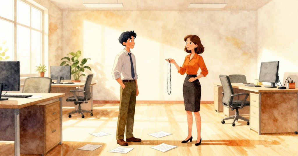 Gareth和Cleo在辦公室晨光中互動，Gareth表情思索，Cleo拉扯筆鏈，桌上散落保險表格和夾板