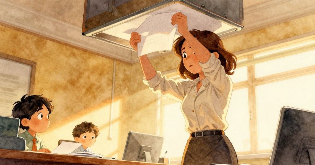 低角度畫面中Cleo專注折紙，動作堅定，金屬夾固定紙張，暖陽照耀下辦公桌上散落文件