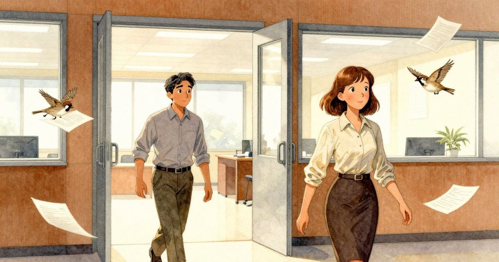 辦公室中自動門打開風起，麻雀翱翔飛入，紙張被風吹散，在燈光交織下呈現動態瞬間