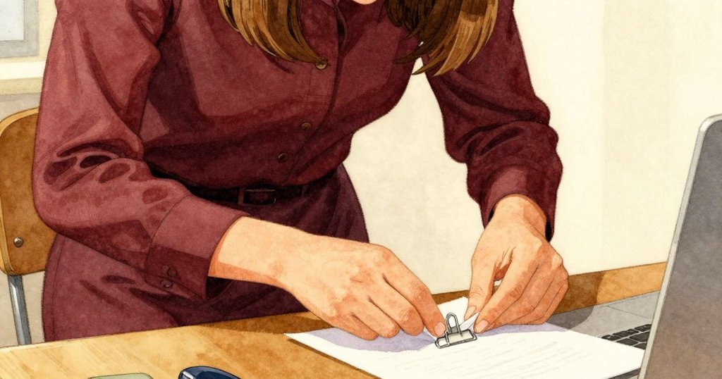 Cleo專注折疊紙張以減輕夾板壓力，細膩手勢與決心展現問題解決過程，筆鏈靜待運用