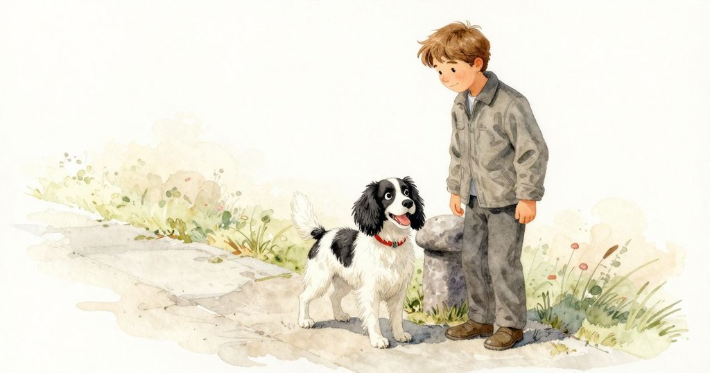 弗雷澤與他的春田獵犬在潮濕小徑邊靠近石牆與船繫繩，神情專注，開始展開探險冒險。