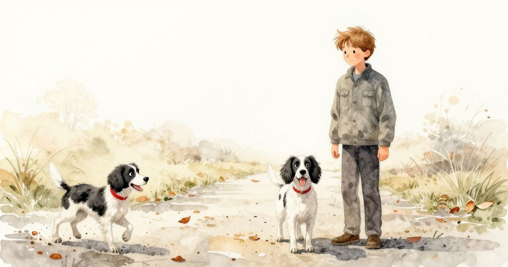 潮濕小徑上落葉隨風飛舞，石牆背景中呈現季節更迭的柔和金光，營造出平靜且動人的自然氛圍。