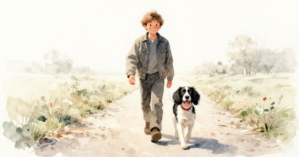 弗雷澤與春田獵犬沿著堅實小徑退場，背景是穩定水流與散落落葉，神情平靜滿足，象徵冒險結束。