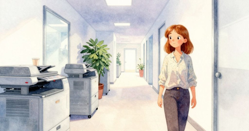 哈麗雅特站在現代辦公室走廊中，靠近發光紅光的印表機，環境明亮而平靜，開始一天工作。