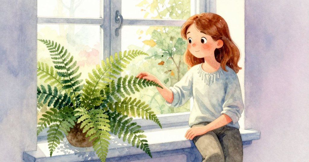 哈麗雅特的袖子輕輕拂過窗邊翠綠的蕨類植物，室內光線溫柔，展現自然與工作環境交融的美。