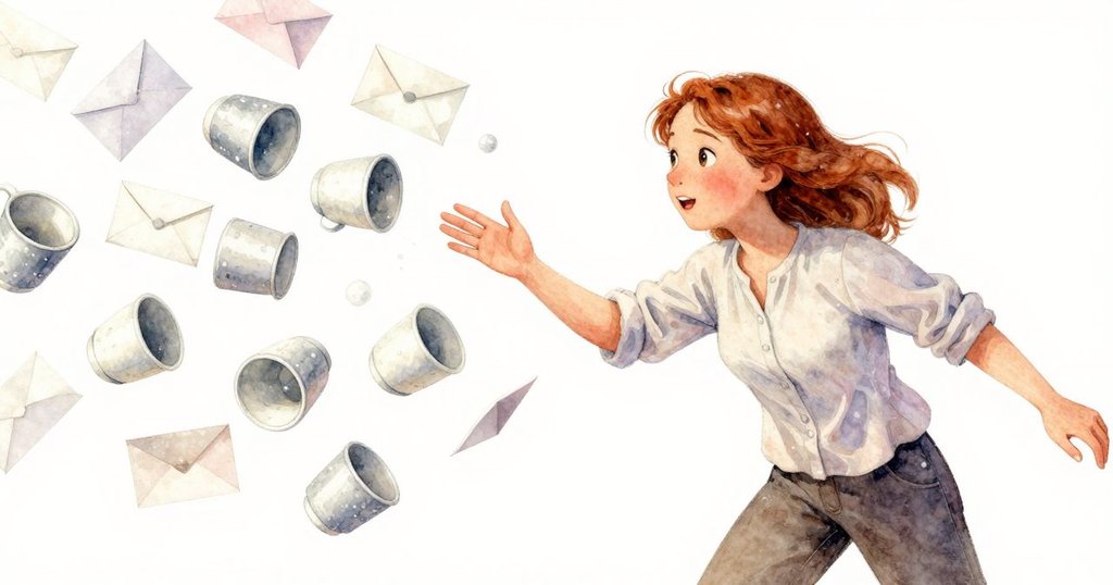 哈麗雅特在辦公室內迅速伸手接住翻倒的紙杯，信封滑落，動態場面充滿即時忙碌感。