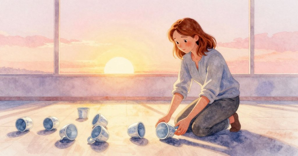 在黃昏金光中，哈麗雅特平靜地將散落的紙杯整理歸位，室內充滿溫暖氛圍，她臉上露出滿足的微笑。