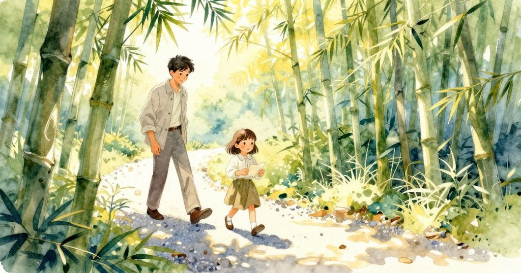 Keane與Gemma走在陽光灑落的竹林和卵石小徑上，畫面略帶傾斜呈現神秘氣氛，兩人神情專注