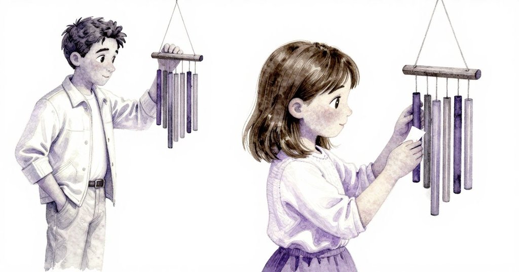 Keane的手仔細調整著懸掛紙風鈴的繩結，背景顯示鋼灰色竹節，動作充滿專注與溫柔