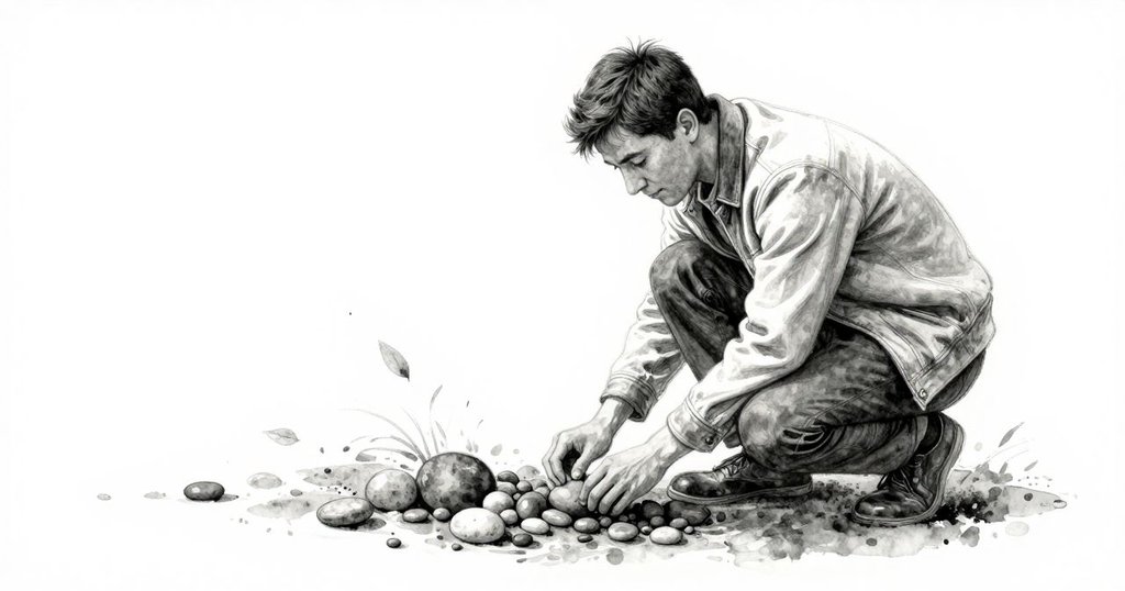 Keane蹲下於竹林間調整卵石，神情緊張專注，周遭落葉隨風微動，渾然融入靜謐瞬間