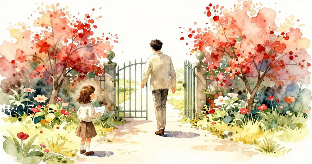 Keane向花園門前的開闊小徑邁進，向遠處的Gemma輕輕點頭致意，前方充滿希望與決心