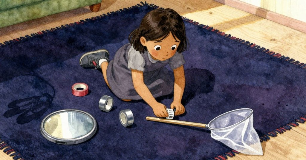 雅拉在室內午後陽光下歪斜角度排列帶子、鏡子與蝴蝶網,神情專注,房間溫馨充滿細節。