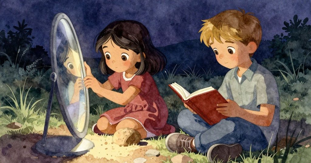 鏡頭近拍,雅拉輕觸砂岩書擋穩固鏡子,光線柔和突顯物件細節,充滿穩定與專注的情感。