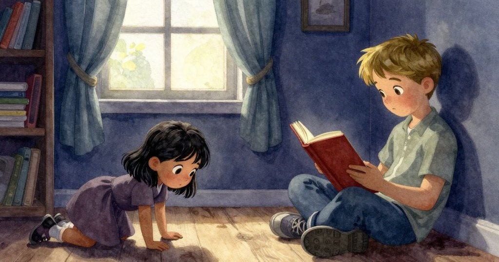 雅拉謹慎爬行於書架邊,卡爾於窗簾隙中閱讀,充滿專注與輕柔光影的室內環境展現情節發展。