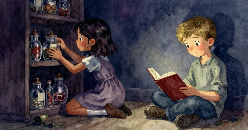 書架隱蔽角落中,雅拉柔觸裝滿鼠尾草莖的藥罐,柔和光線中透露著探索與神秘感。