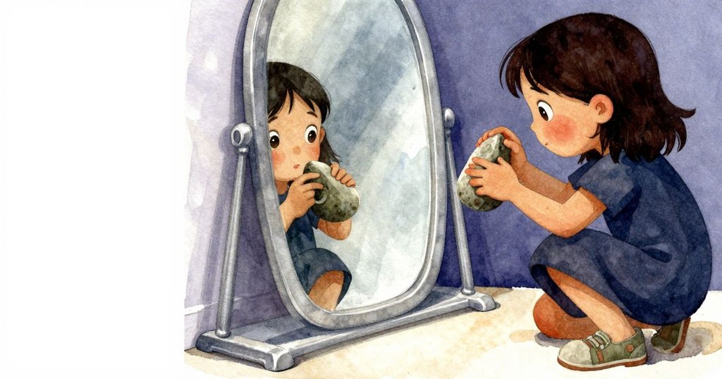 雅拉果斷地用砂岩書擋替代藥罐調整鏡子,臉上流露堅定與決心,環境光線均衡,情節達到轉捩點。