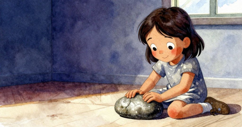 光束準確射中白卡,雅拉輕壓石頭,臉上浮現釋然微笑,室內午後光線平靜溫暖,情節圓滿結束。