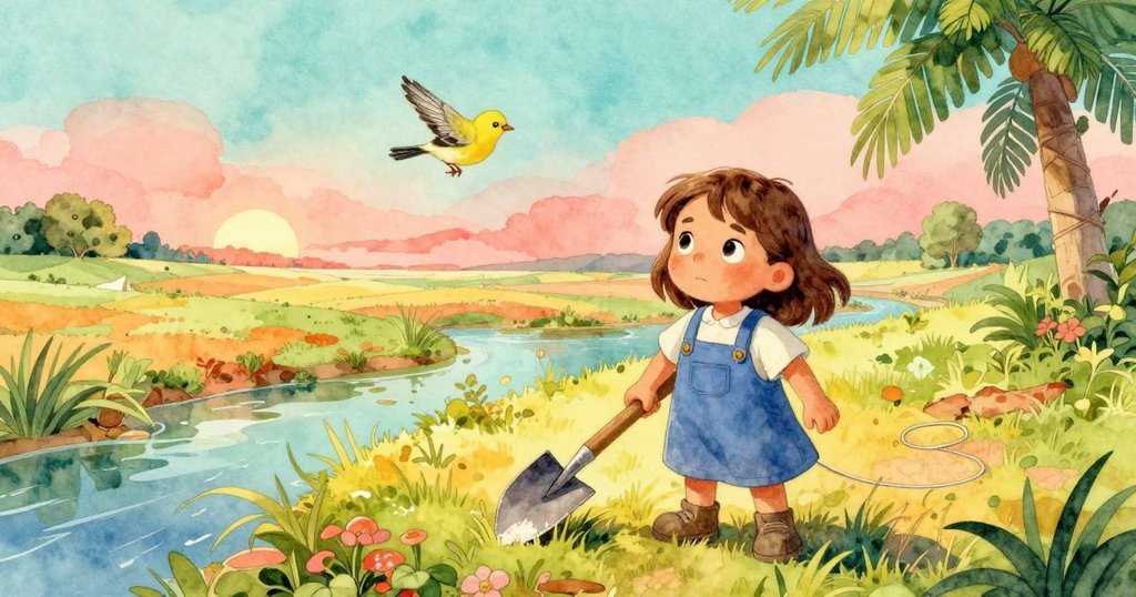 霍莉站在農田河岸邊，工具輕敲木柱上，小鳥飛過，晨光溫暖，展現場景開端與活力。