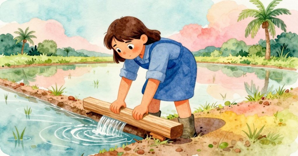 霍莉用力調整木板封住裂縫，流水悄然流入稻田，光影轉變中展現努力與成功的轉捩點。