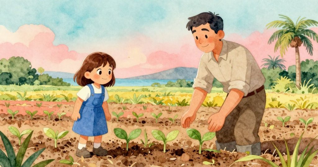 霍莉與弗農在豐盛綠田中相視微笑，互致支持與喜悅，展現努力後的溫暖慶祝。