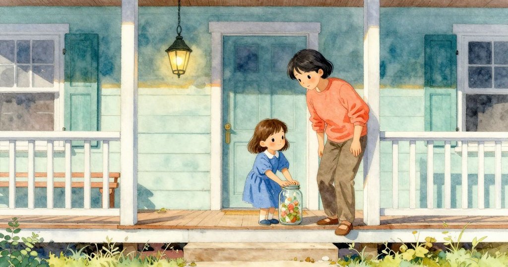 露比在門廊上將玻璃罐推入凹槽，家長坐在木製躺椅旁，環境溫暖，開啟家庭夜晚冒險。