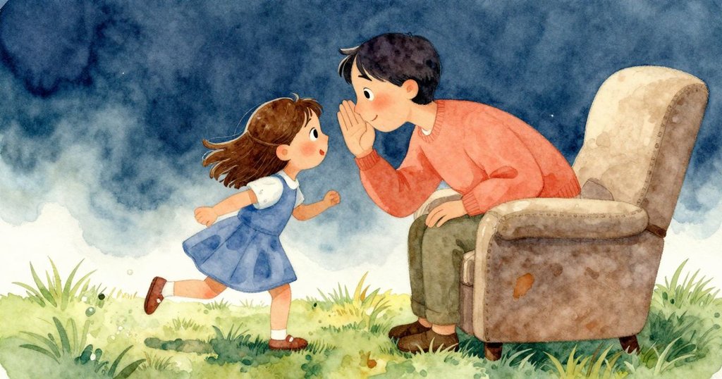 家長坐在搖椅上低語蟋蟀聲悅耳，露比從溫暖石階邁向露水草地，分屏呈現溫馨並行時刻。