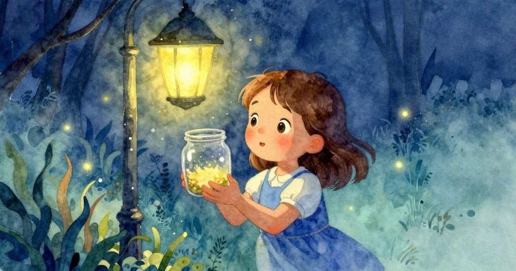 露比於花叢旁凝視閃爍螢火，背後燈光與夜幕交織，流露驚奇與期待情感。