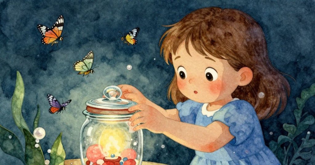 露比面帶憂慮調整玻璃罐蓋，周圍飛舞著燈光下的蠹蛾，展現冒險中緊張關鍵瞬間。