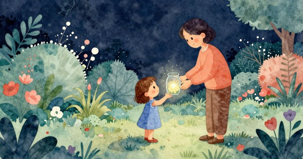 露比在廣闊花園中手握微光玻璃罐，後方隱現家長躺椅，夜晚自然寧靜與冒險落幕。