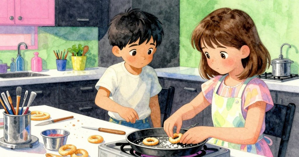 從 Heath 背後看去，Kira 目光專注地注視 Heath 裝填脆皮碎片，背景充滿溫暖光影與工作台細節