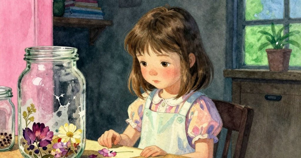 Kira 溫柔觸碰充滿回憶的玻璃瓶與花瓣，場景帶有懷舊色調，展現過去與現在交織的情感故事