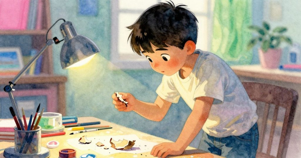 Heath 正注視手中破碎的餅皮，在靈感頓現瞬間，臉上洋溢著充滿創意與驚喜的表情