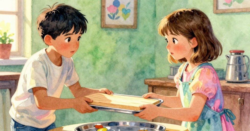 Heath 與 Kira 共同舉起木板，彼此交換裝有創意甜點的托盤，畫面呈現午後柔和陽光與團隊合作精神