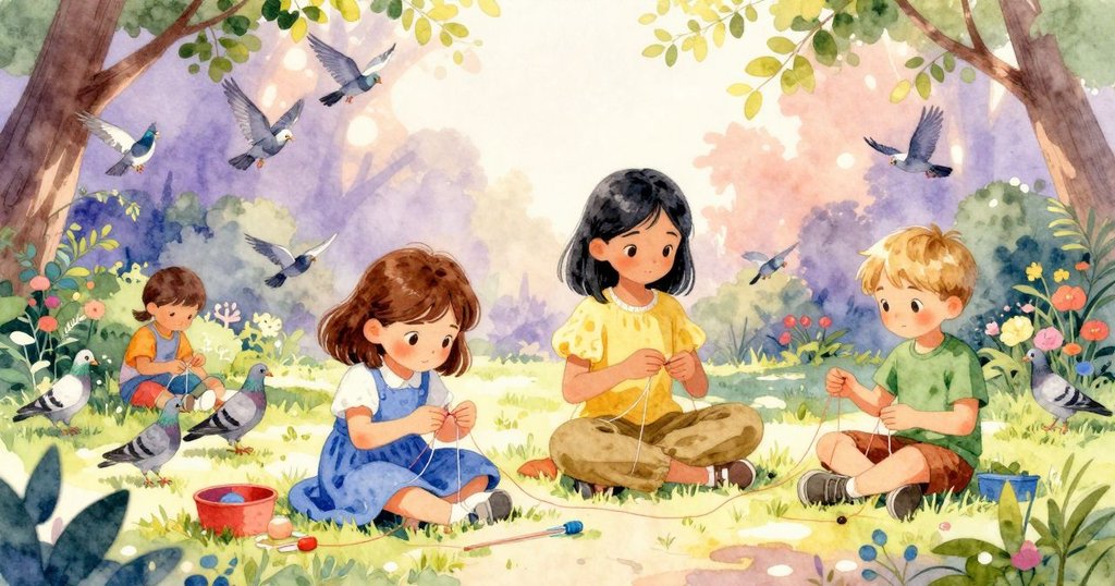 Joy在金屬扶手上綁線，Kira拿著圖樣卡，Blake在毯上看書，鴿子與花園生物豐富背景，陽光普照