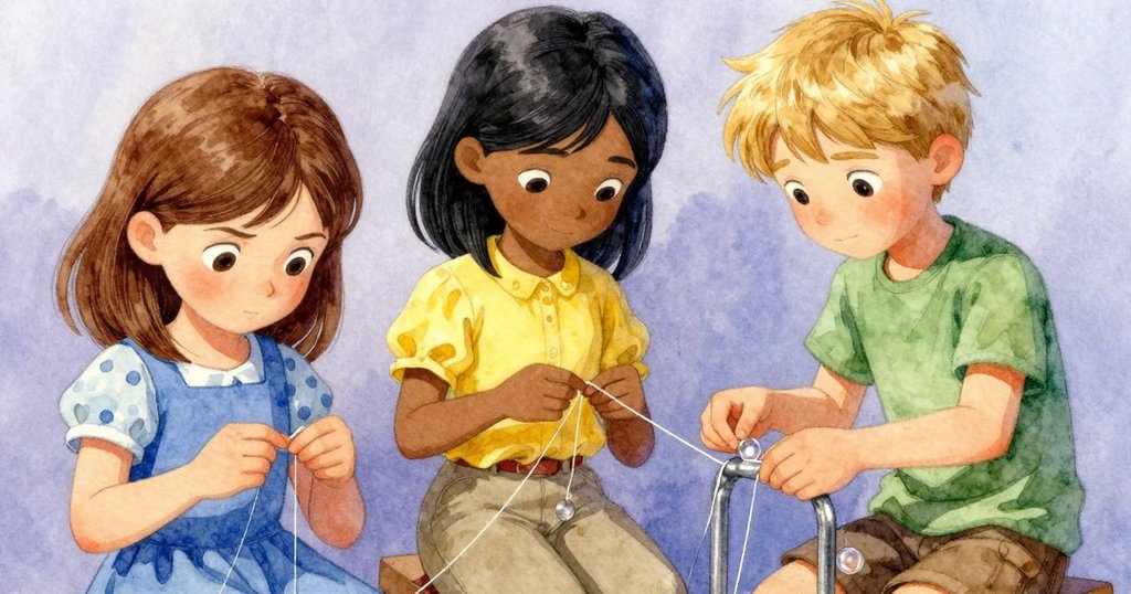 Joy的手在金屬扶手上仔細調整粘膠線條，玻璃珠滑落，細節豐富，傳達精準與耐心