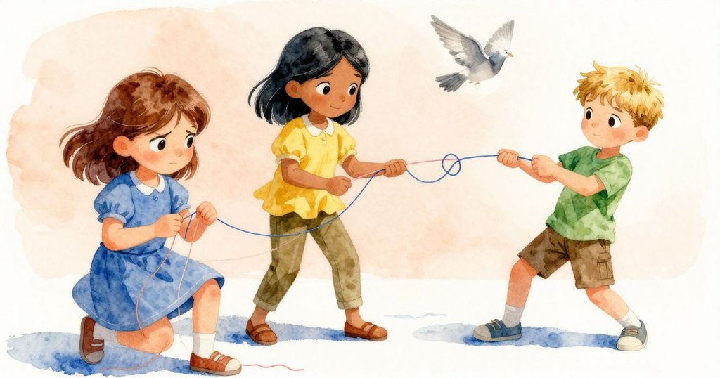 詭異透視下，鴿子輕觸藍線牽動粉線，線條扭曲變形，展現突然干擾與自然趣味