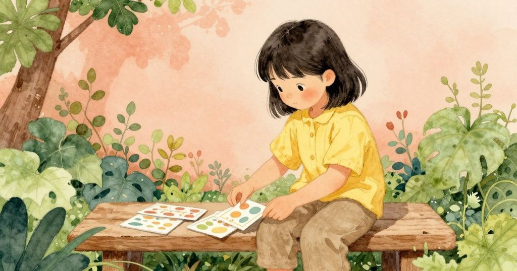 Kira在隱密花園角落的木凳上整理圖樣卡與珠杯，燈光柔和，呈現寧靜與私密的創作空間