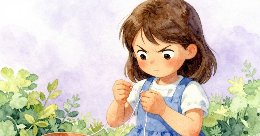 Joy發現線結錯誤後凝神調整，神情專注，輕柔解開再繫線，散落珠子映襯環境