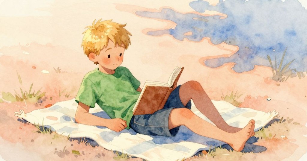 Blake在草地上毯子上安坐閱讀，柔和夕陽映照，環境寧靜，鴿子悠閒伴隨，呈現安逸之景