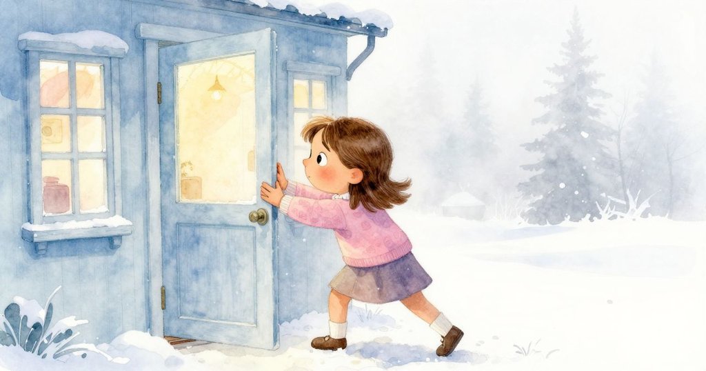 Delia 正在推開點心店的門，臉上帶著期待和好奇，門外寒冷霧氣混合著溫暖的店內燈光。