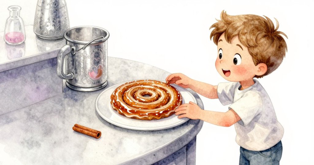 Basil 伸手觸碰展示櫃上閃亮的肉桂捲，展示櫃飾有細膩水珠和溫柔的淺色光澤，彷彿訴說著秘密。