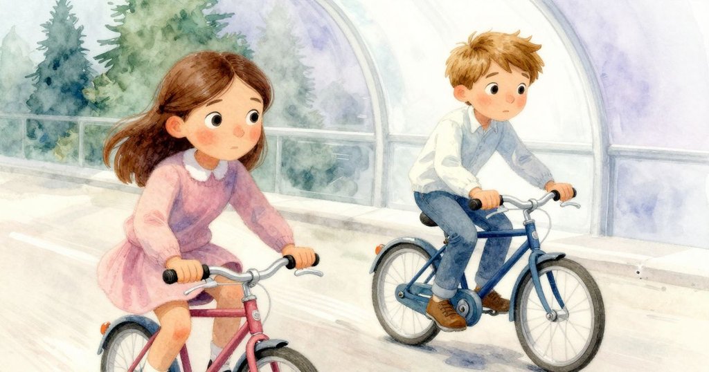 兩位自行車騎士衝進店內，Delia 與 Basil 驚訝間相互提醒，霧氣中的玻璃映出神秘光影。