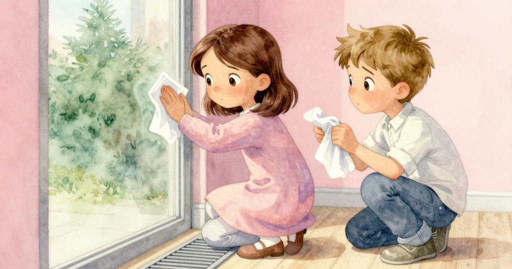 Delia 蹲在地板通風口邊，Basil 使用紙巾和牙籤擦拭玻璃，隱蔽處流露出機智和緊張情緒。