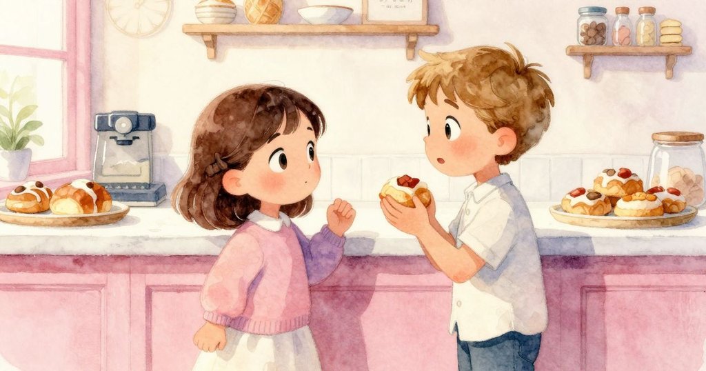 員工正專注地為肉桂捲裝盒，Delia 與 Basil 互望慶賀，店內透露出慶祝和默契的瞬間。