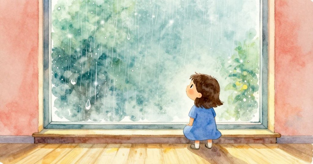 Lena站在溫馨房間窗前,雨滴交織在玻璃上,手觸畫面展現創意開始,神情期待充滿故事感。