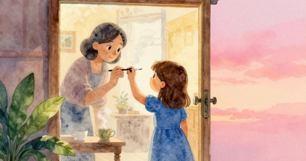 透過微開門縫,觀察到Lena專心作畫,茶杯蒸氣輕繞,室內溫暖氣氛中流露創作詩意。